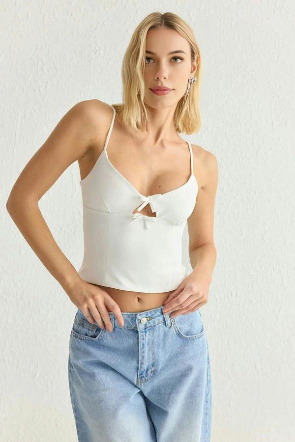 WOVCOR V-Neck Strappy Crop Woven Blouse