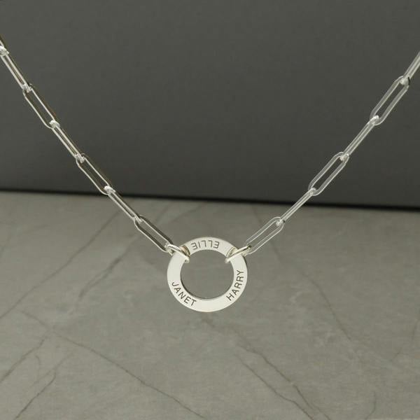 Sterling Silver Paper Clip Link Necklace With Engraved Ring - Love Silver Jewellery