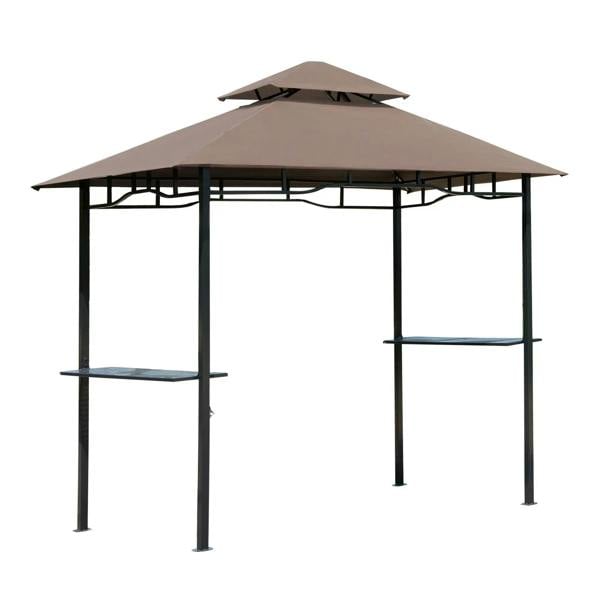 Brown double-tier grill gazebo canopy with two side shelves and open-frame legs