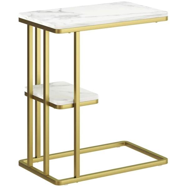 C-shaped slim side table, 2-tier white marble-grain top and lower shelf