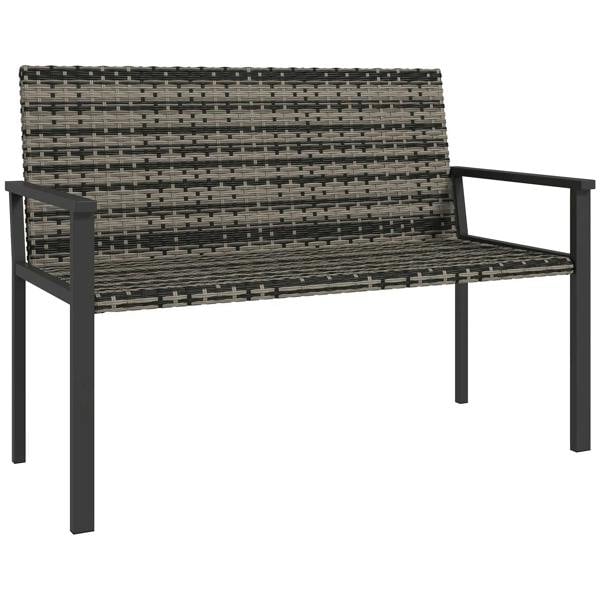 Two-seater rattan bench in mixed grey, woven seat and back with armrests and dark legs