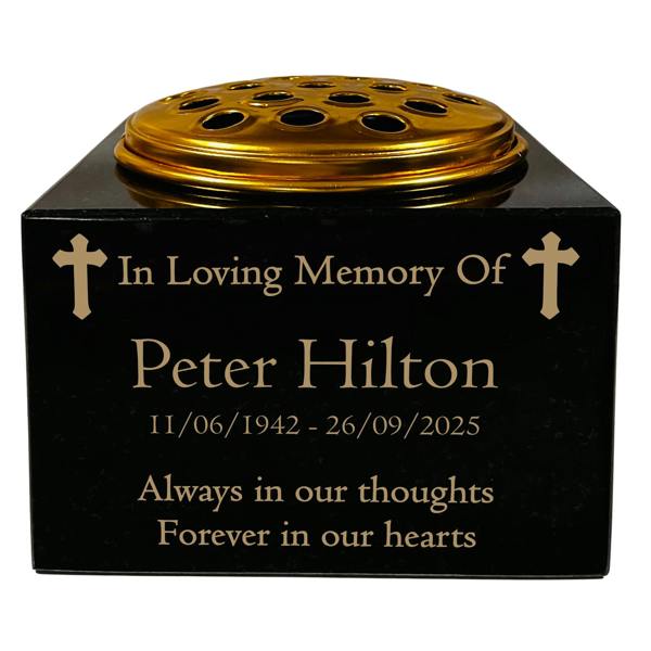 Memorials Direct Granite Memorial Vase with Cross Design, Free Personalised Gold Engraving, Solid Granite 6 x 6 x 4 Inches