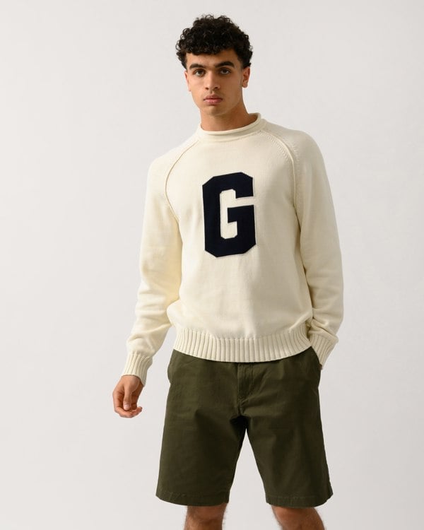 GANT Mens Intarsia G Logo Crew Neck Jumper - 130 Cream - CHO - Designer Mens Sweatshirts