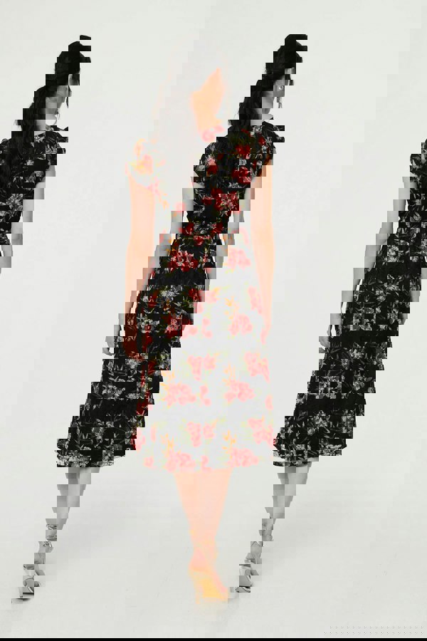 Black | Floral Cap Sleeve Shirred Midi Dress
