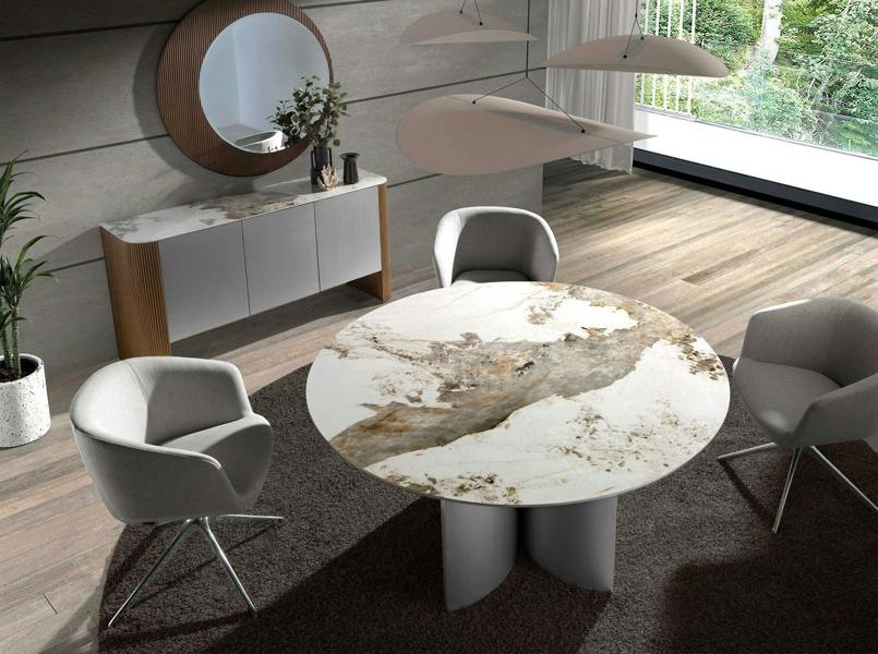 Angel Cerdá Round dining table in porcelain marble, walnut and silver-coloured wood 1148