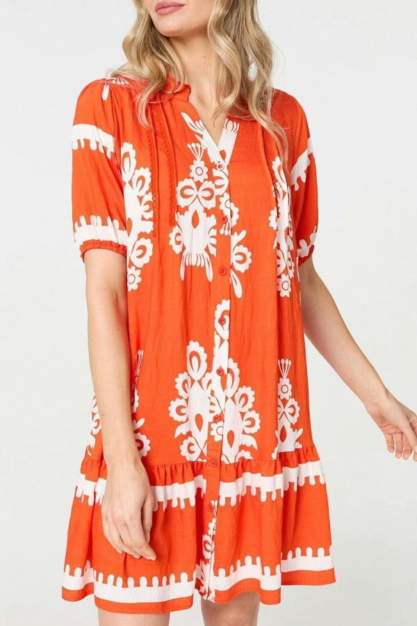 Orange | Printed Lace Trim Relaxed Short Shirt Dress