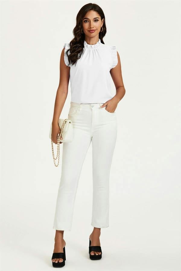 FS Collection Frill Trim Sleeve Frill Neck Blouse Top In White