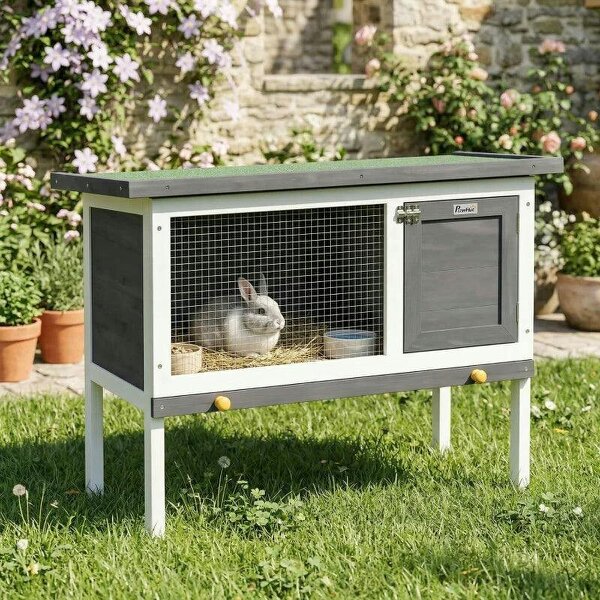 Wooden Rabbit Hutch, Guinea Pig Hutch with Asphalt Roof, Outdoor Elevated Bunny House for Rabbits, Chinchillas