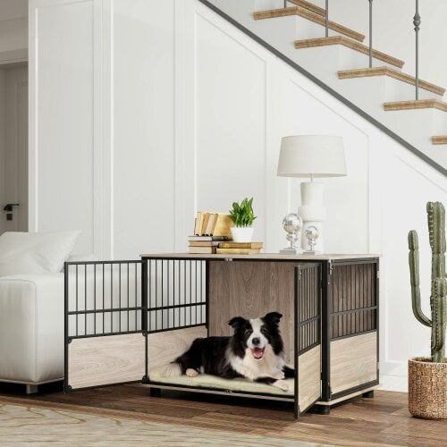 PawHut  Dog Crate Furniture Dog Cage End Table Indoor w/ Doors, Cushion