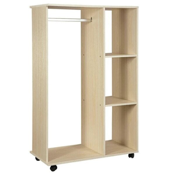 Open Wardrobe on Wheels, Bedroom Wardrobe - Clothes Hanging Rail, 3 Storage Shelves, Mobile Garment Rack for Hallway, Maple Wood-Effect