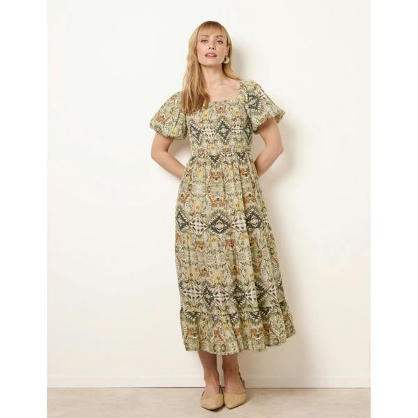 Blue Vanilla Abstract Print Puff Sleeve Midi Dress