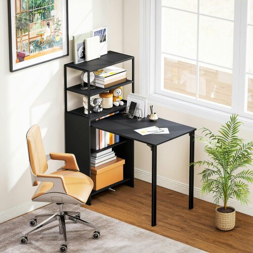 Wyld Haus Serana 105cm Wooden Black Folding Work Table With Integrated Shelving
