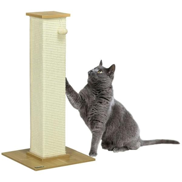 Cream sisal scratching post with round wooden base and hanging plush ball