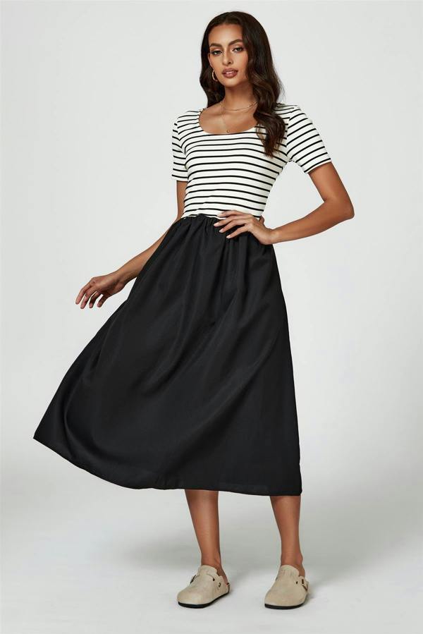 FS Collection Short Sleeve Black Stripe Midi Dress In White