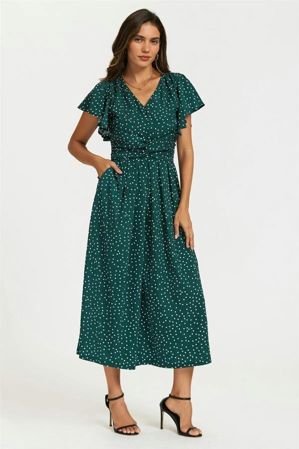 FS Collection Polka Dot Angel Sleeve Twist Jumpsuit In Green