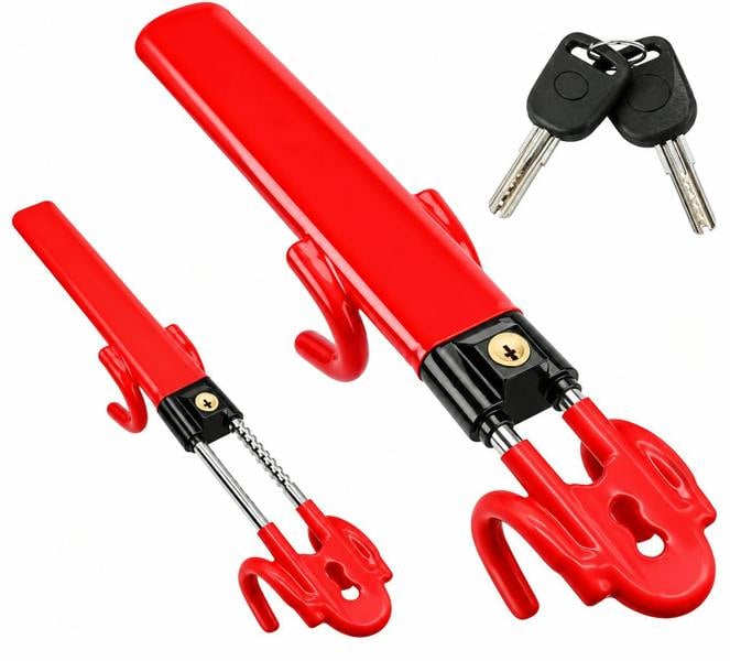 ATEK Heavy Duty Steering Wheel Lock Anti-Theft Car Security Lock with 2 Keys Red