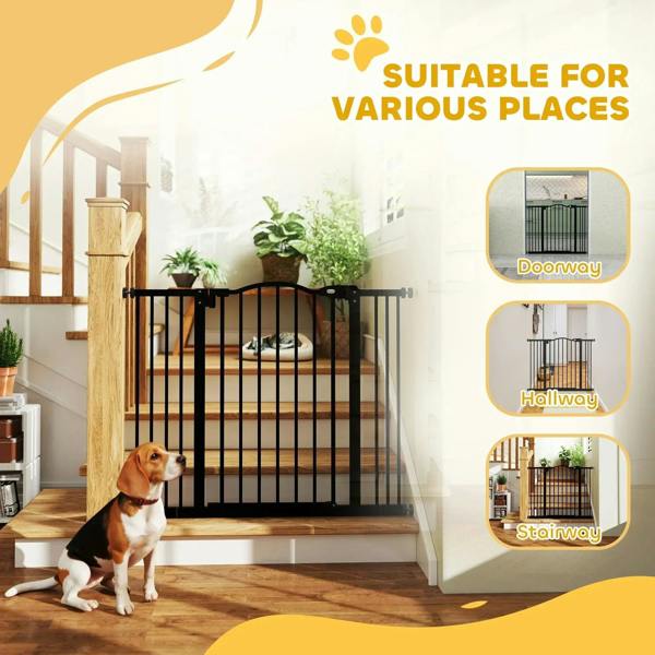 Black pet gate safety barrier for stairs with door opening and vertical bar panels