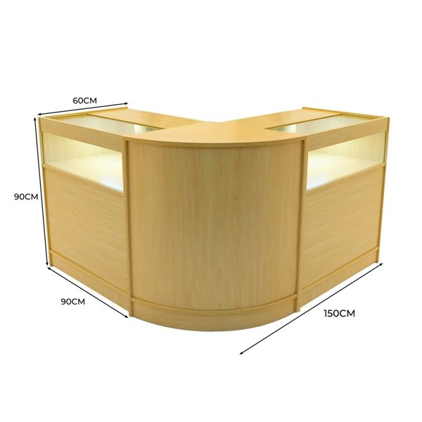 Maple Iris LED shop counter set with two display sections, featuring a sleek curved design and illuminated glass tops for visibility
