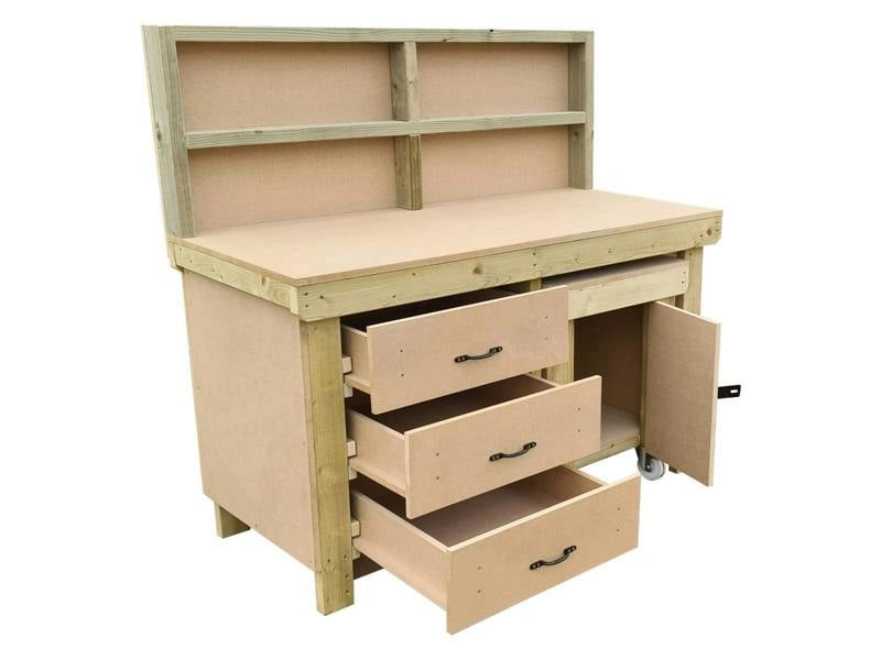Wooden MDF Top Workbench (V.6) – Sturdy Workstation with Drawers, Back Panel and Functional Lockable Cupboard, Ideal for Garages, Workshops, and Studios.