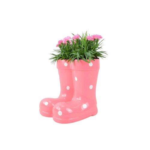 Pink Polka Dot Wellies Planter with Dianthus - Ceramic Garden Decor