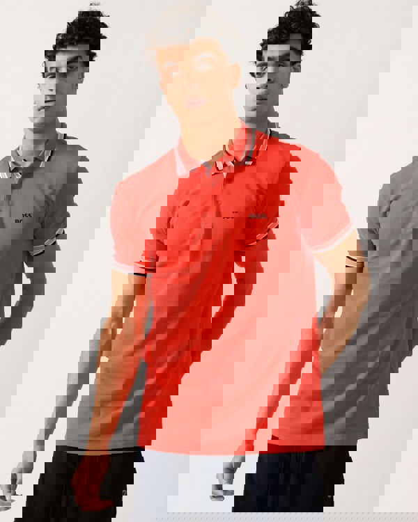 BOSS Green Paddy Mens Cotton-Piqué Polo Shirt with Contrast Logo - Open Red 641