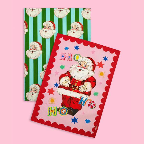 Eleanor Bowmer Jolly Santa Cotton Kitchen Tea Towel Pack of 2 Bright