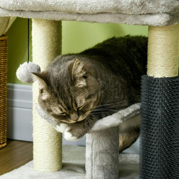 Grey cat tree perch with pom toy; dark grey scratching post beside the resting area.