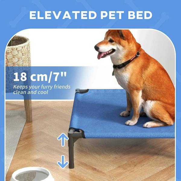 Blue elevated dog bed with black lift legs and elevated cushioned surface