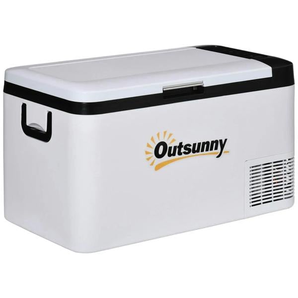 White portable compressor cooler with black lid and foldable side handles, vent panel