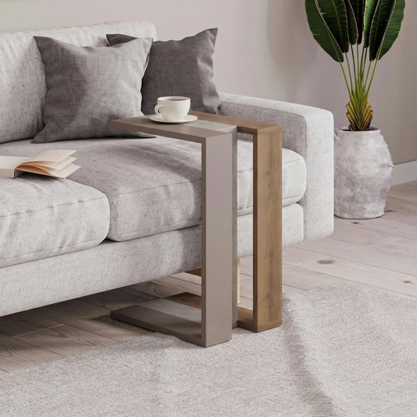 Decortie Muju Modern C Shape Table Oak Effect Gold Marble Effect Mocha Grey Multipurpose  H 57cm