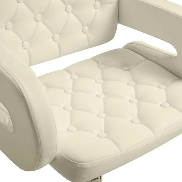 Close-up of beige padded bar stool seat with button-tufted cushions and armrest padding