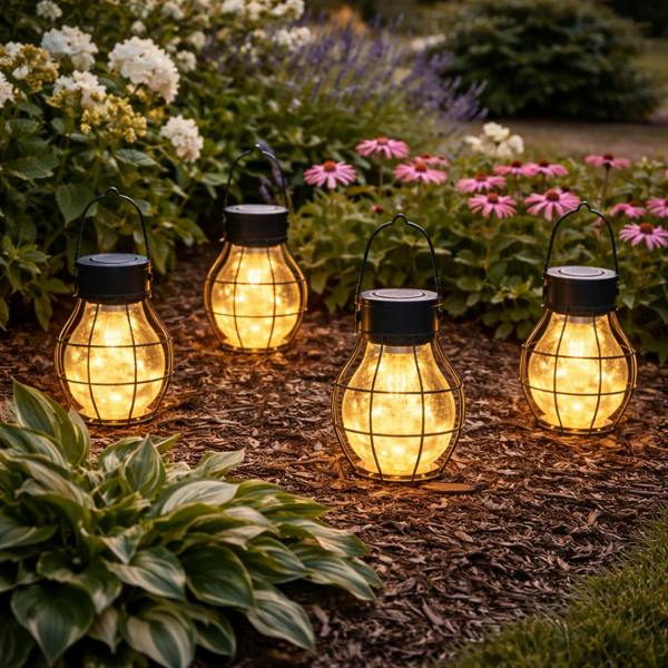 Gardenwize Pack of 4 Timeless Caged Mini Solar Lanterns Vintage Hanging LED Lights