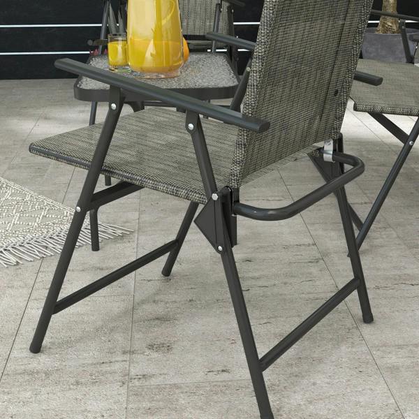 Woven dark brown patio armchair with armrests and angled metal legs
