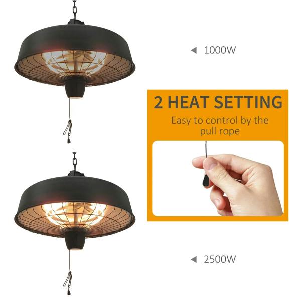 Black infrared patio heater with pull-rope control and domed wire mesh heating cover