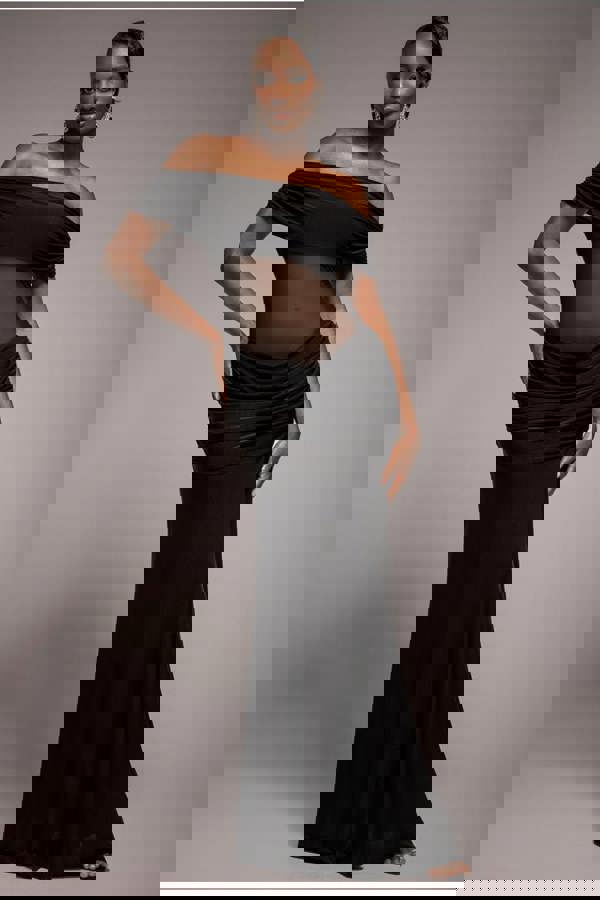 Gathered Off The Shoulder Mesh Waist Panel Maxi Dress - Black DR4857