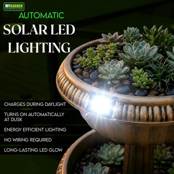 My Garden Outdoor Living MY Garden Planter 2 Tier with Solar Powered 8 LEDs-Tower Flower Planter with Bronze Antique Effect-Weather Resistant