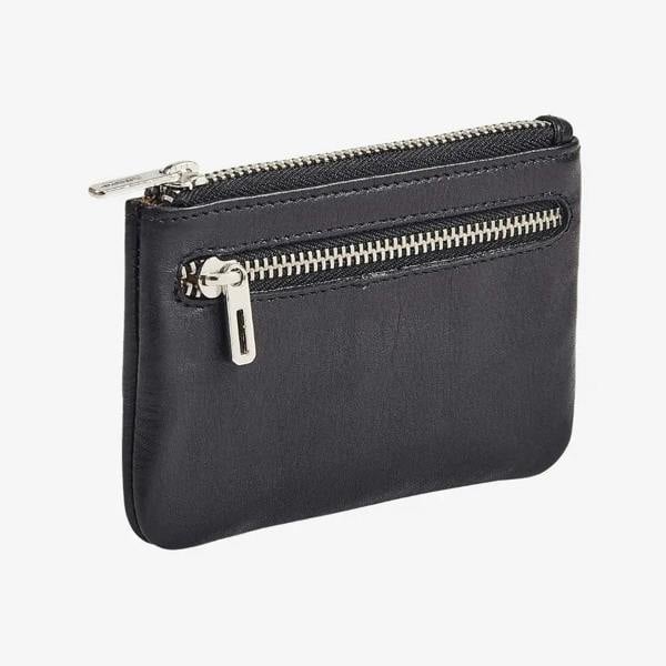 Black leather coin purse for women with double zip closure