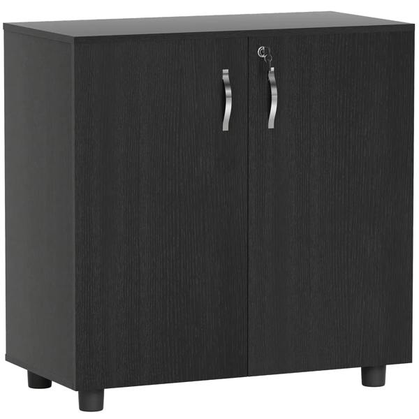 Black two-tier locking office storage cabinet with double doors and curved silver handles