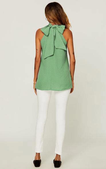 FS Collection White Polka Dot Print Halter Neck Tie Back Top In Green