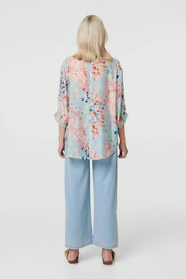 Blue | Floral 3/4 Sleeve Button Front Shirt