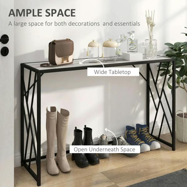 Industrial console table with wide grey tabletop and black metal open under-shelf