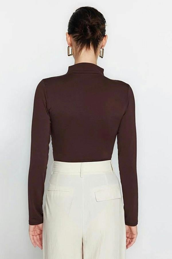WOVCOR Stand Collar Knit Bodysuit with Gathered Detail