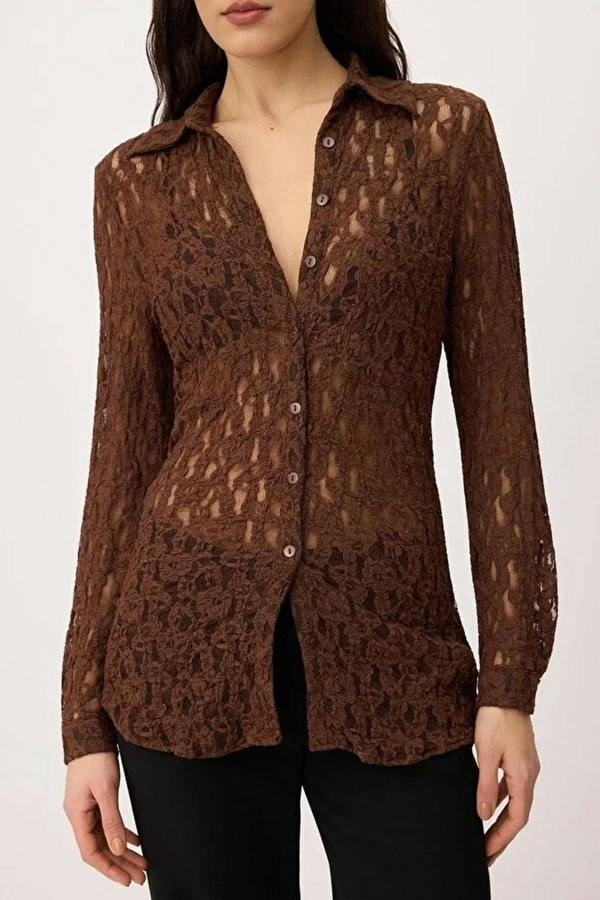 WOVCOR Plain Fitted Shirt Collar Long Sleeve Lace Knit Shirt