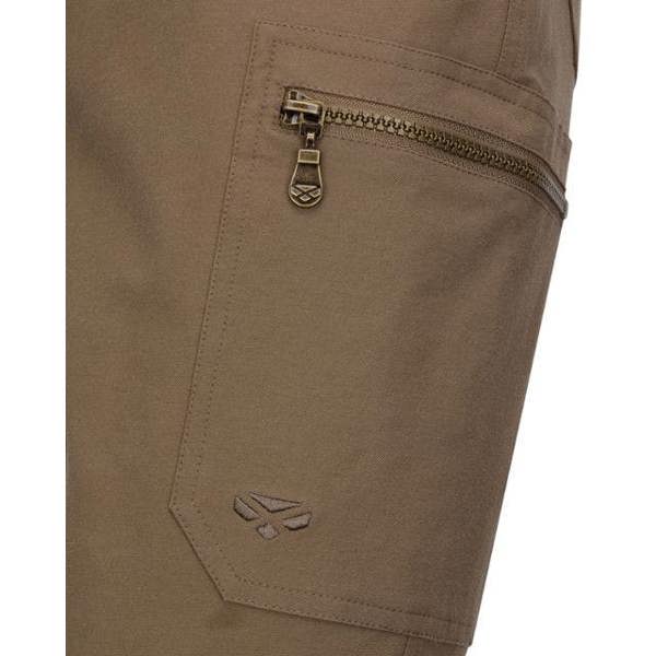 Close-up of Hoggs of Fife utility trousers with zip thigh pocket and branded puller detail