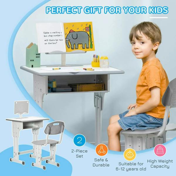 Kids adjustable desk and chair set in grey with open storage area under tabletop