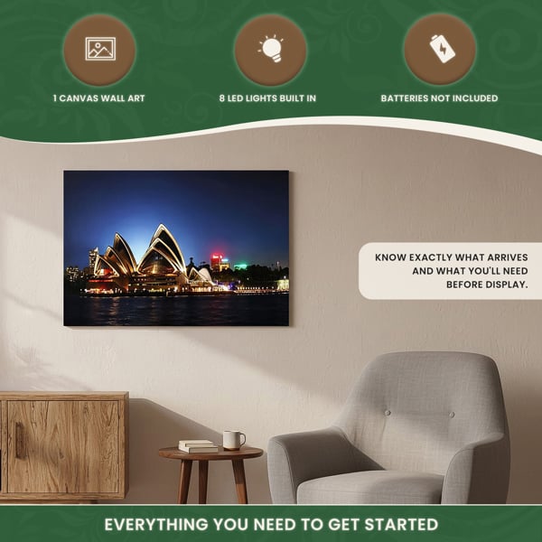 Sydney Opera House Print LED Canvas, 60 x 40 cm, Stretched Wooden Frame, 8 LED Lights, Battery Powered with Switch