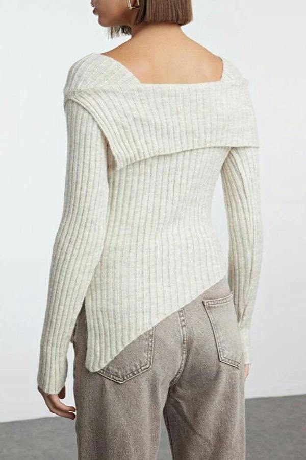 WOVCOR Asymmetrical Hem Knitted Sweater with Collar Detail
