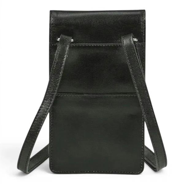 Black leather crossbody phone pouch with a long adjustable strap, shown against a plain white background.