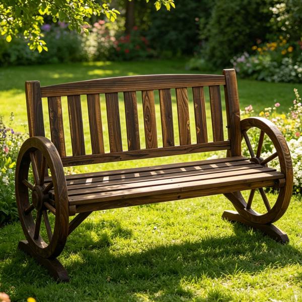 Gr8 Garden 2 Seater Wooden Garden Bench Wagon Wheel Style Outdoor Patio Seat Loveseat Chair