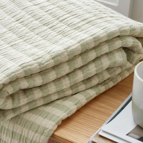 Bianca Cotton Muslin Stripe Blanket Throw Green